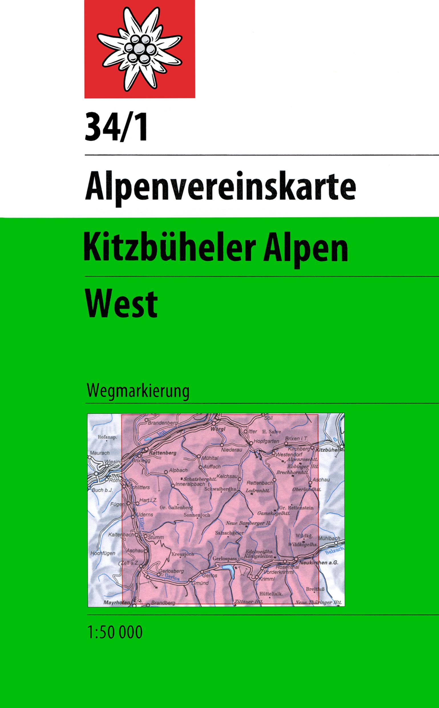 DAV Alpenvereinskarte 34/1 Kitzbüheler Alpen West 1 : 50 000 Wegmarkierungen