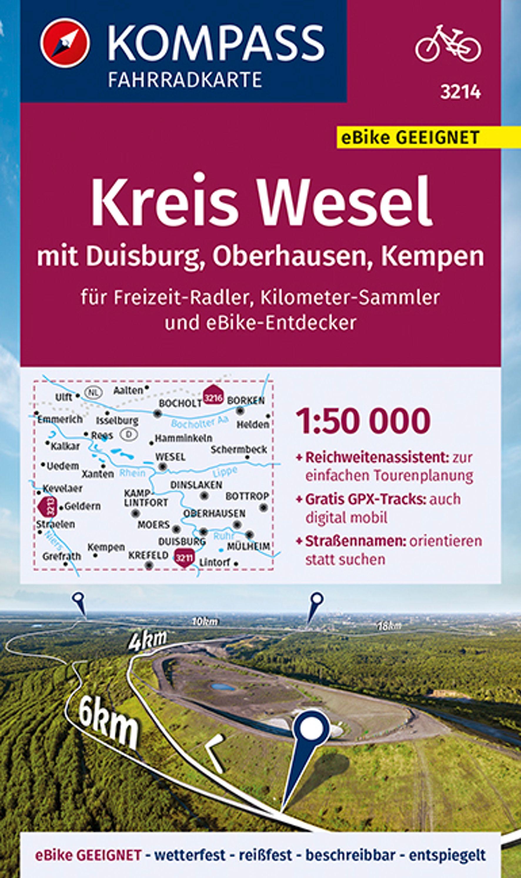 KOMPASS Fahrradkarte 3214 Kreis Wesel mit Duisburg, Oberhausen, Kempen 1:50.000