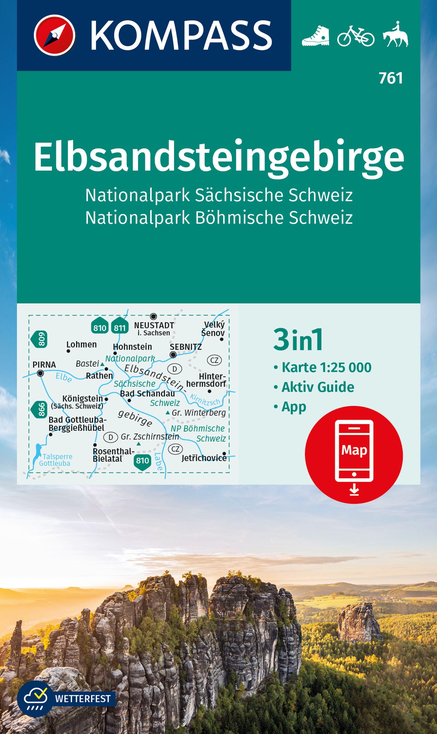 KOMPASS Wanderkarte 761 Elbsandsteingebirge, Nationalpark Sächsische Schweiz, Nationalpark Böhmische Schweiz 1:25.000