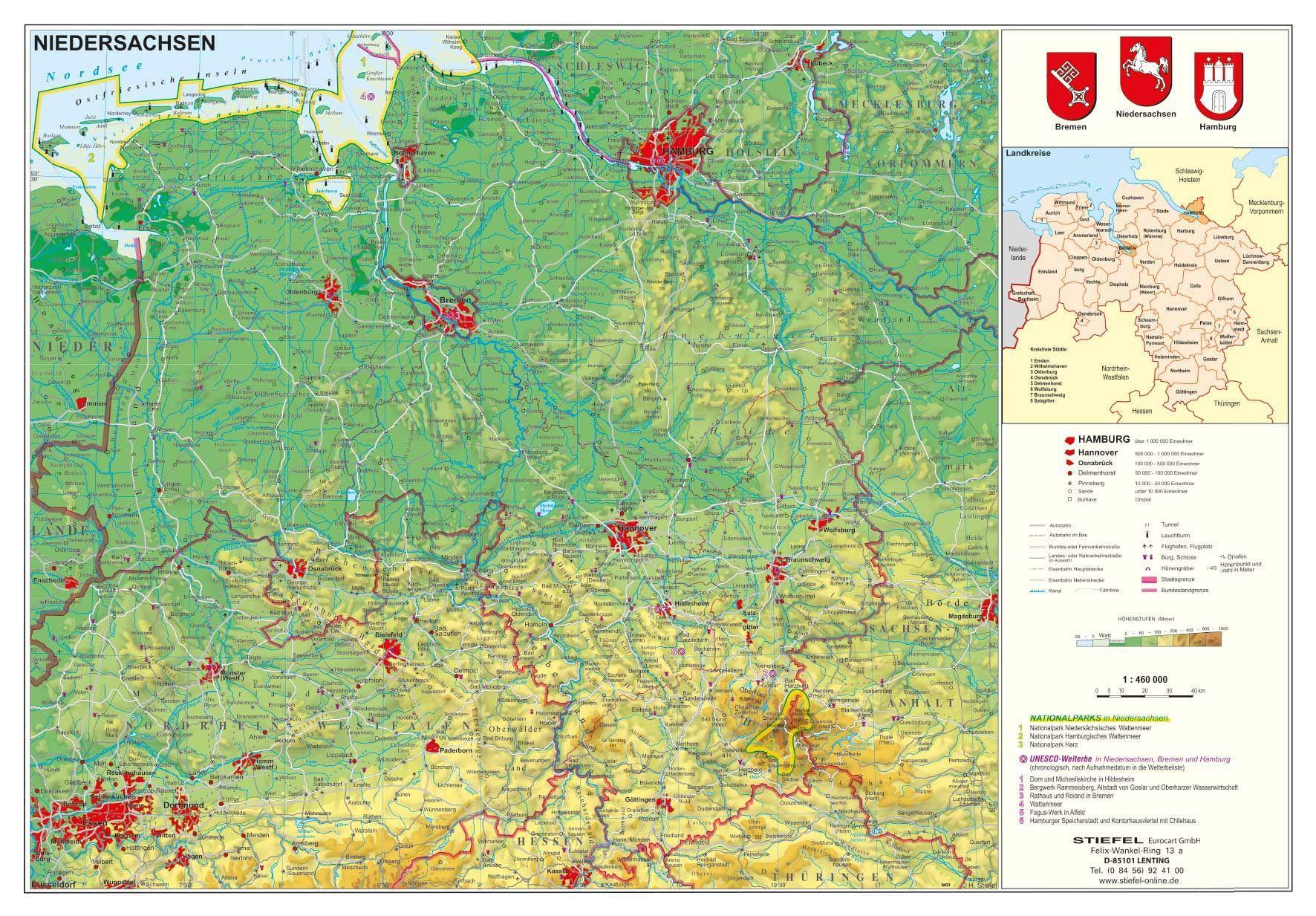 Niedersachsen physisch 1:460 000