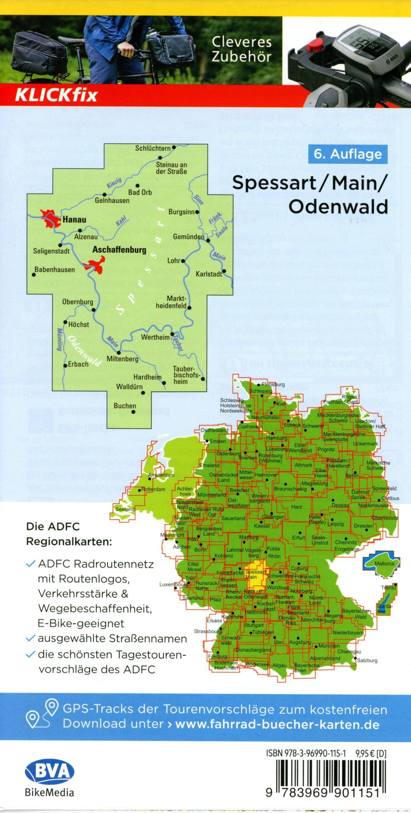 ADFC-Regionalkarte Spessart/Main/Odenwald, 1:75.000, mit Tagestourenvorschlägen, reiß- und wetterfest, E-Bike-geeignet, GPS-Tracks Download