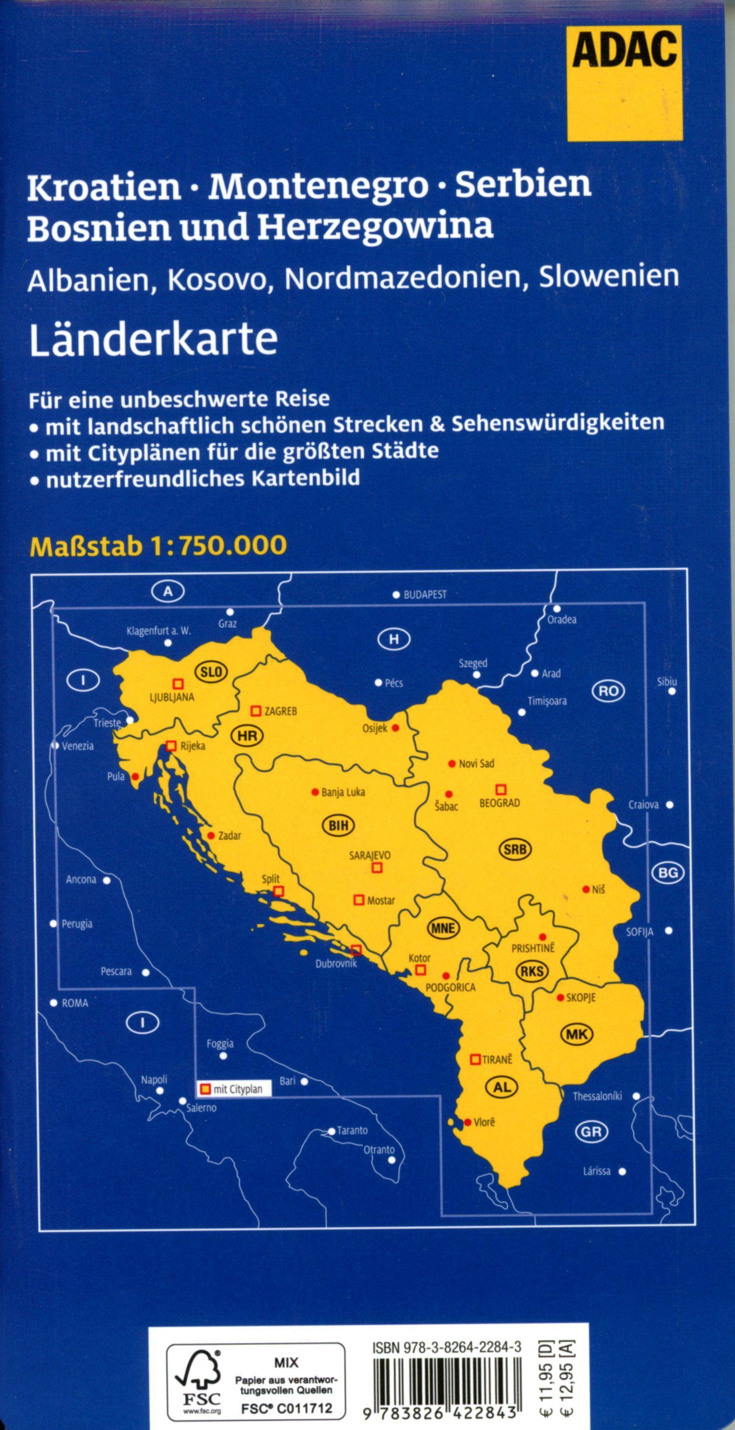 ADAC Länderkarte Kroatien, Montenegro, Serbien, Bosnien u. Herzegowina 1:750.000