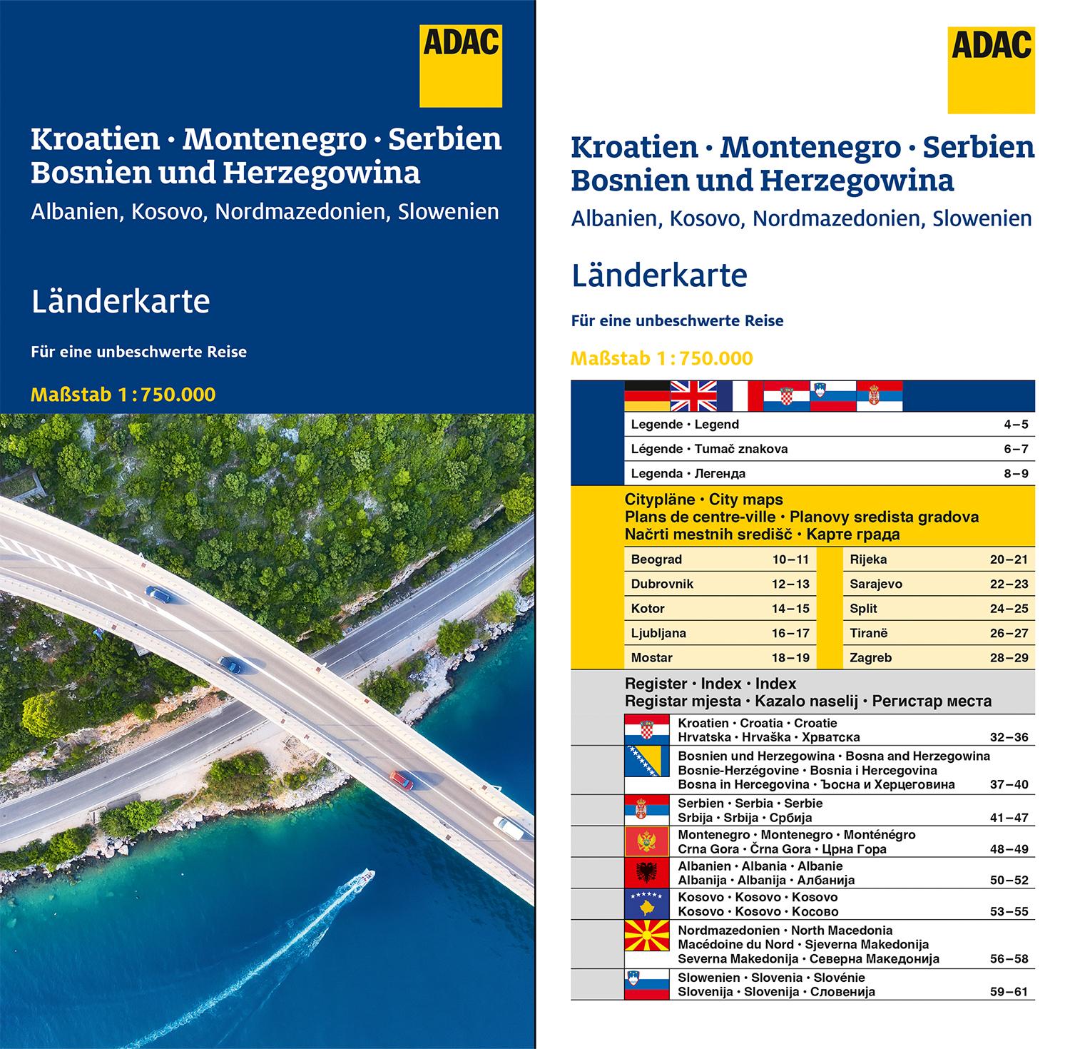 ADAC Länderkarte Kroatien, Montenegro, Serbien, Bosnien u. Herzegowina 1:750.000