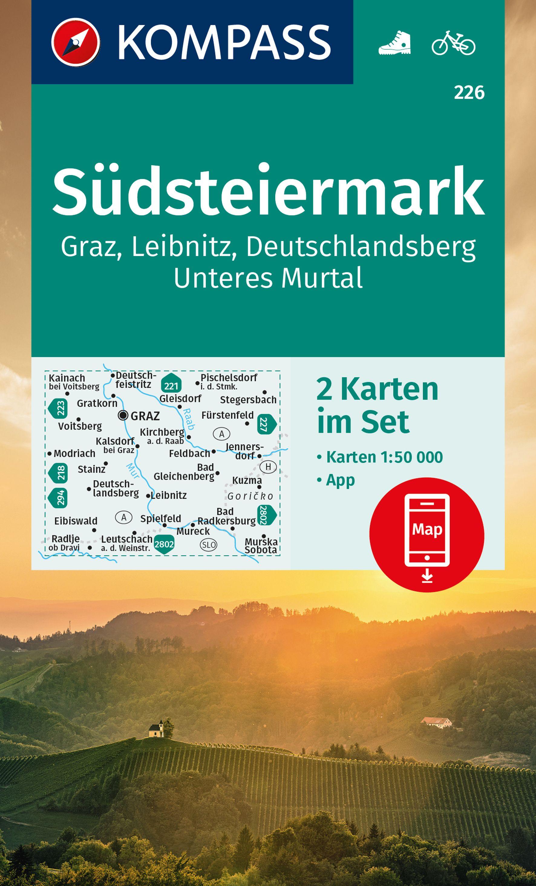 KOMPASS Wanderkarten-Set 226 Südsteiermark, Graz, Leibnitz, Deutschlandsberg, Unteres Murtal (2 Karten) 1:50.000