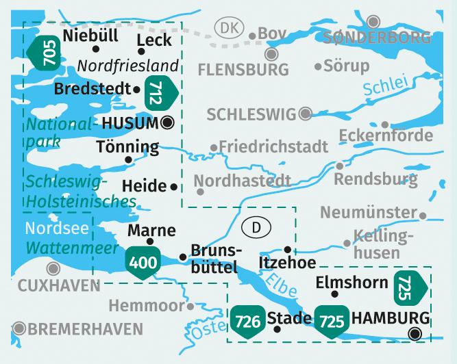 KOMPASS Wanderkarten-Set 723 Nordseeküste von Hamburg bis Dänemark (2 Karten) 1:50.000