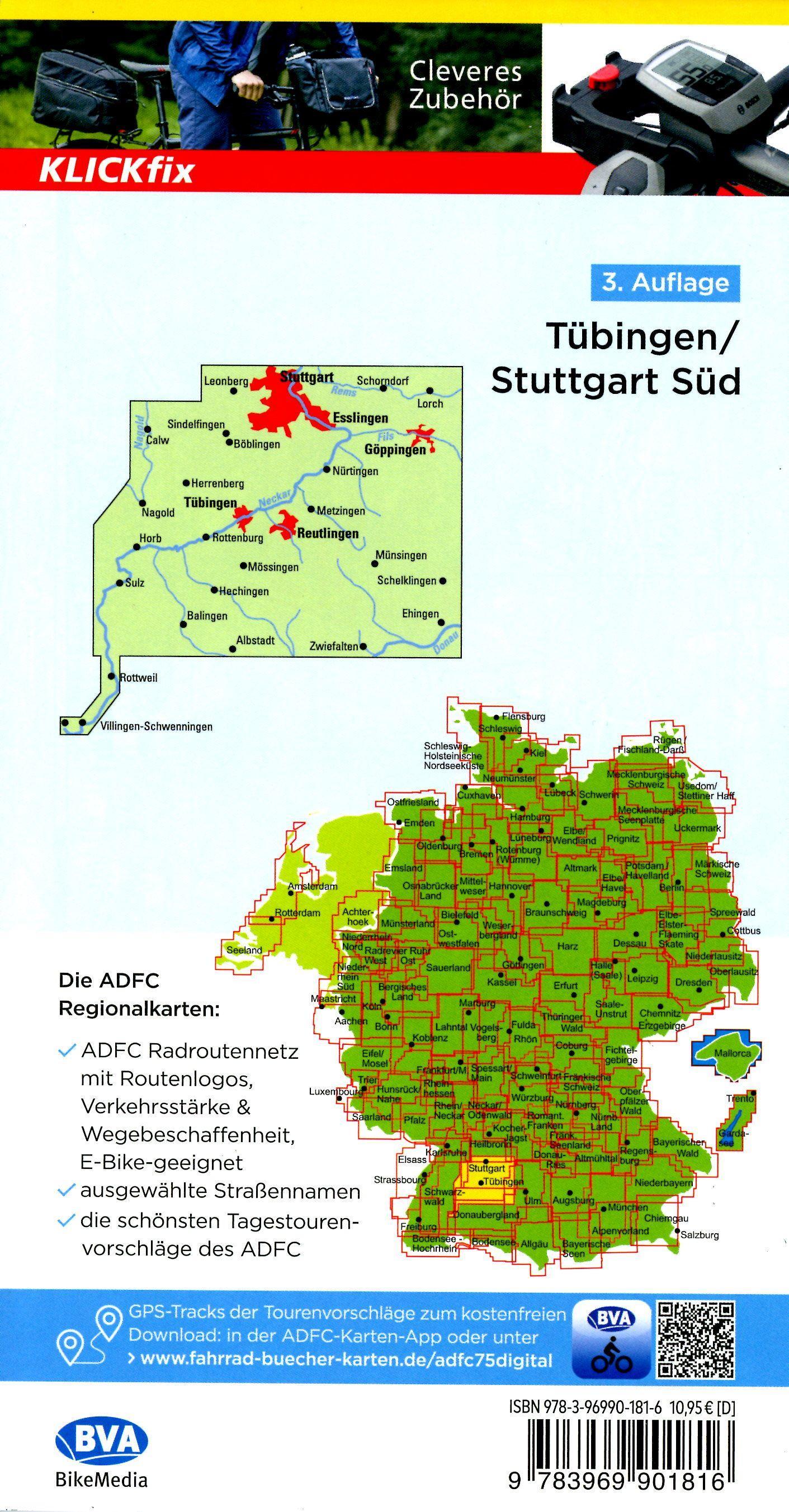 ADFC-Regionalkarte Tübingen - Stuttgart Süd, 1:75.000, reiß- und wetterfest,mit kostenlosem GPS-Download der Touren via BVA-website oder Karten-App