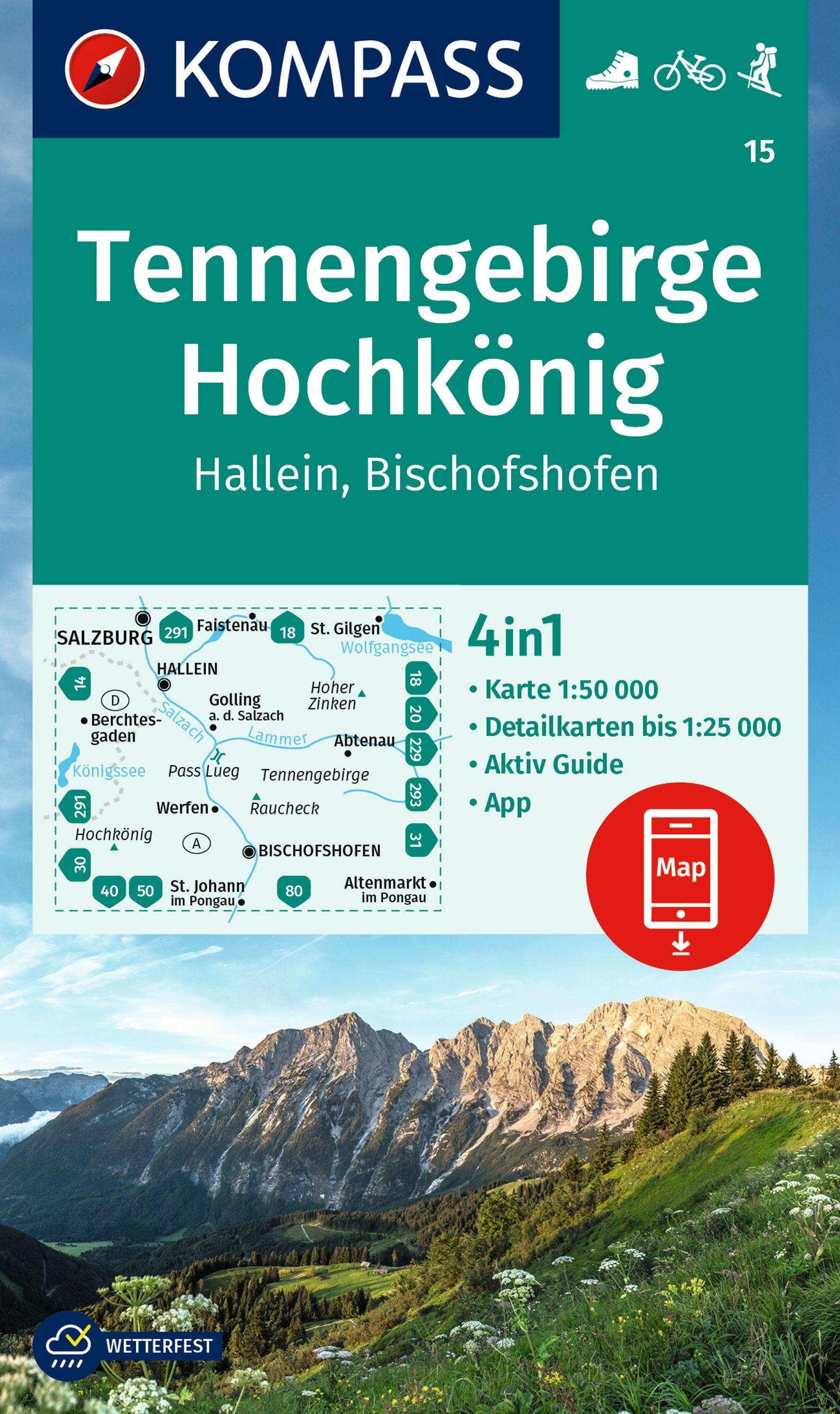 KOMPASS Wanderkarte 15 Tennengebirge, Hochkönig, Hallein, Bischofshofen 1:50.000