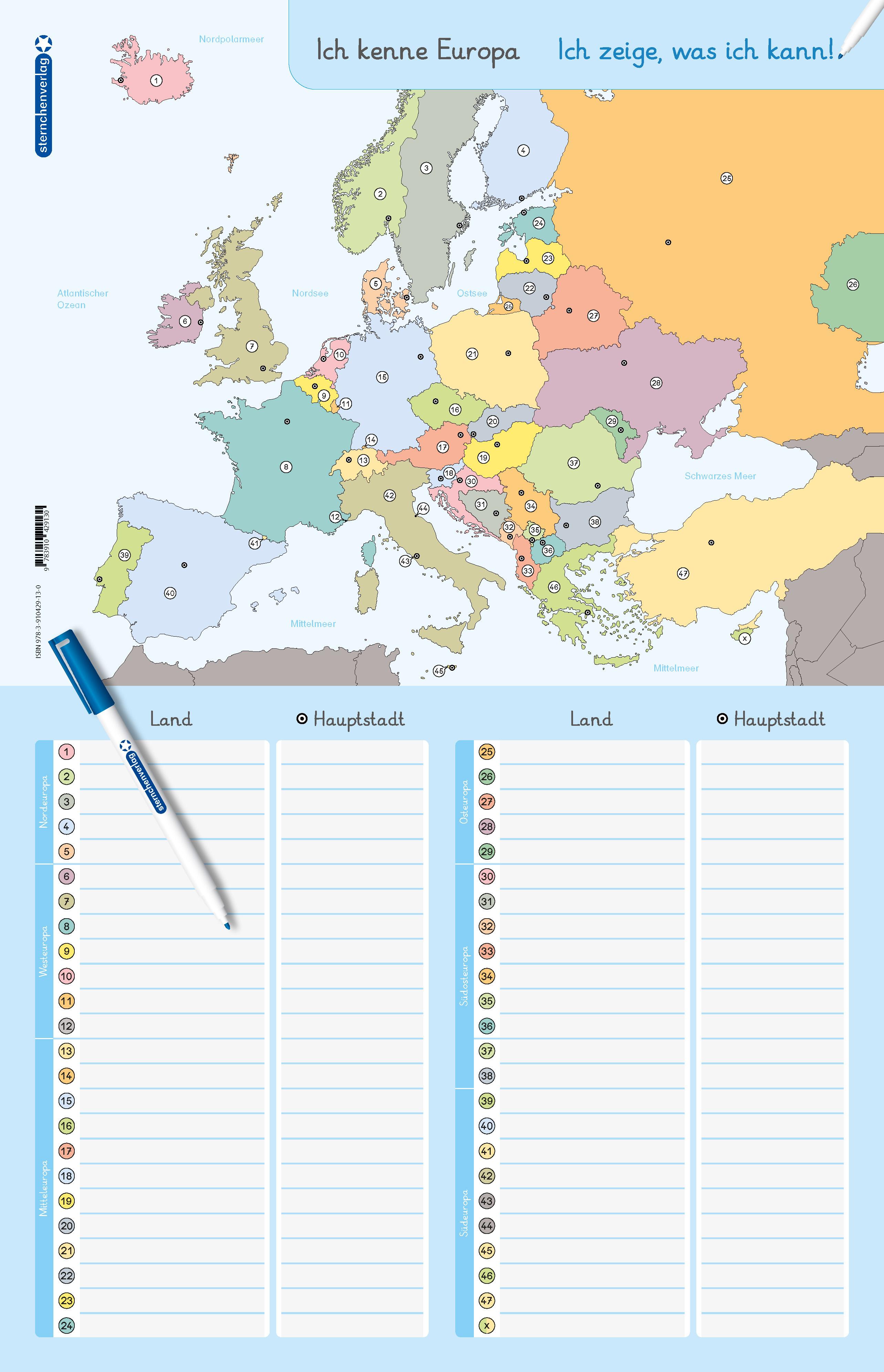 Ich kenne Europa - Länder und Hauptstädte - Lerntafel mit Stift