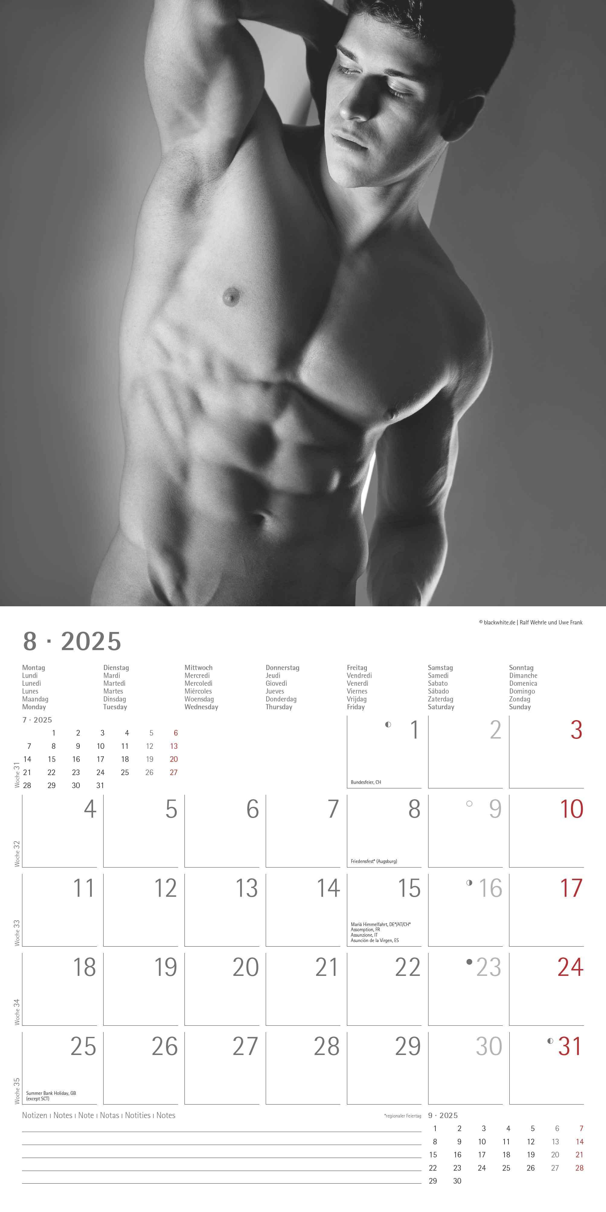 Masculine 2025 - Broschürenkalender 30x30 cm (30x60 geöffnet) - Kalender mit Platz für Notizen - Maskulin - Bildkalender - Wandplaner - Erotikkalender