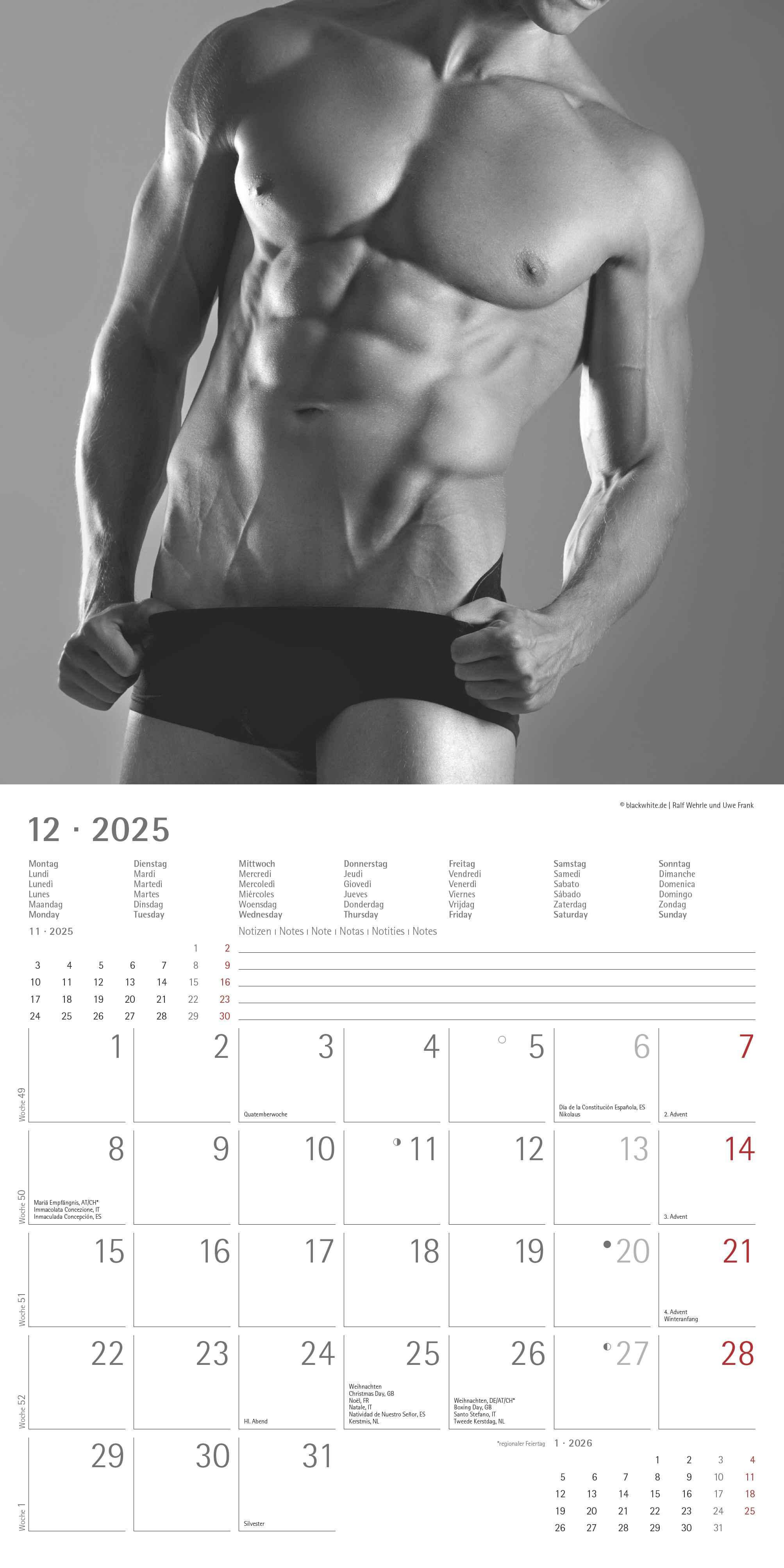 Masculine 2025 - Broschürenkalender 30x30 cm (30x60 geöffnet) - Kalender mit Platz für Notizen - Maskulin - Bildkalender - Wandplaner - Erotikkalender