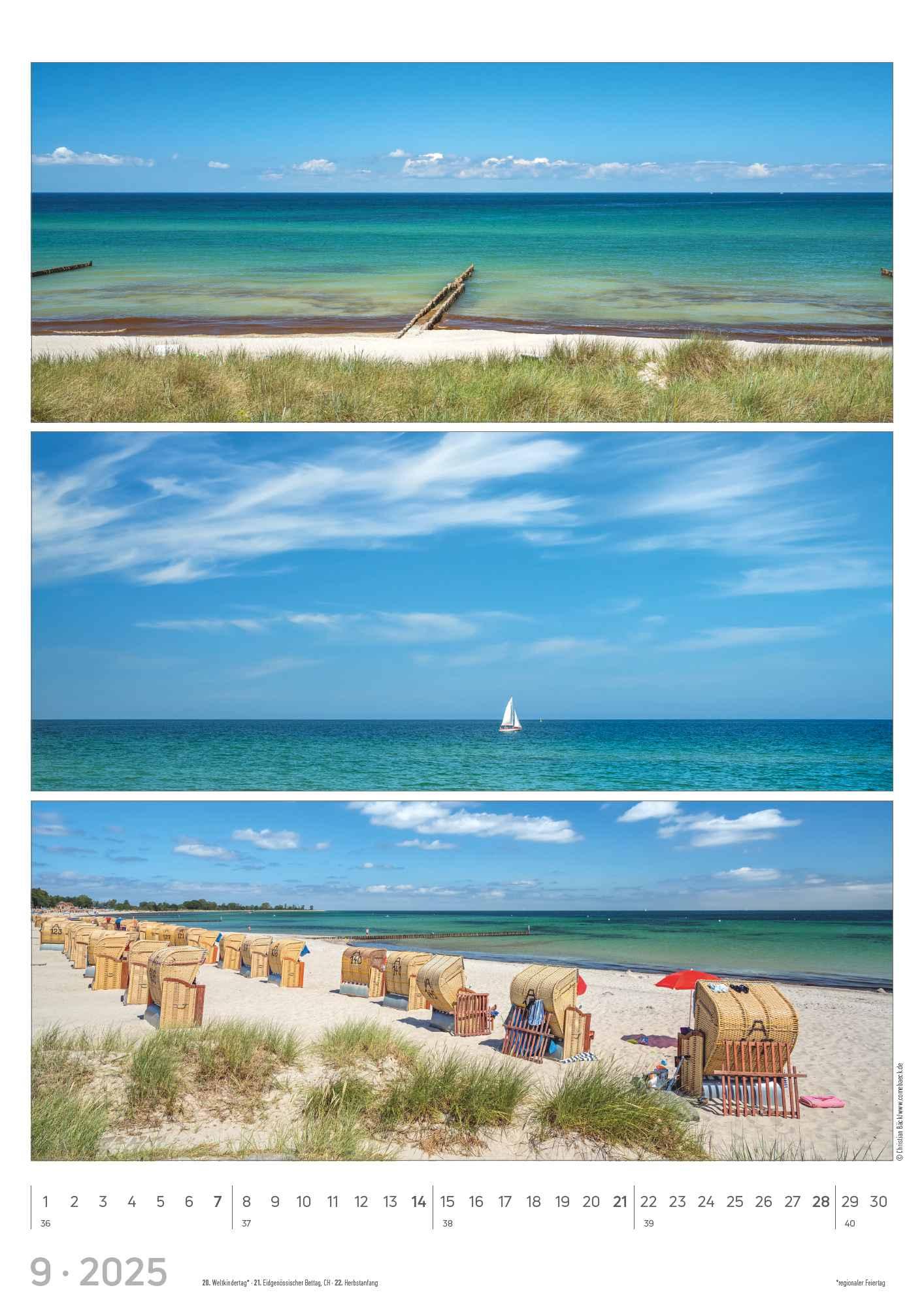 Strand & Meer 2025 - Bildkalender A3 (29,7x42 cm) - mit Feiertagen - Triplets - drei Bilder pro Monat - Naturkalender - Wandplaner - Wandkalender