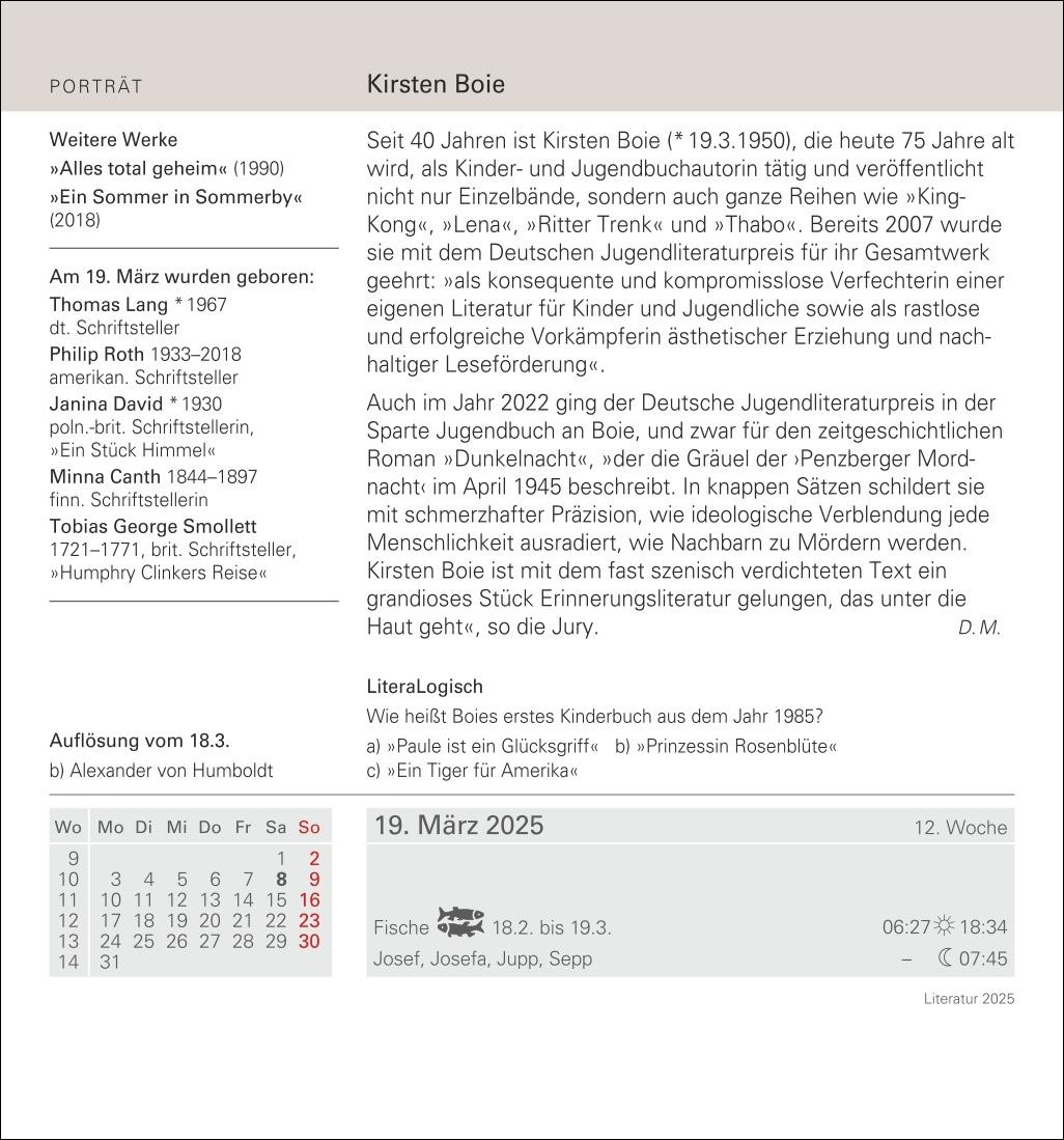 Literatur Tagesabreißkalender 2025 - Kulturkalender - Autoren, Werke, Hörbücher