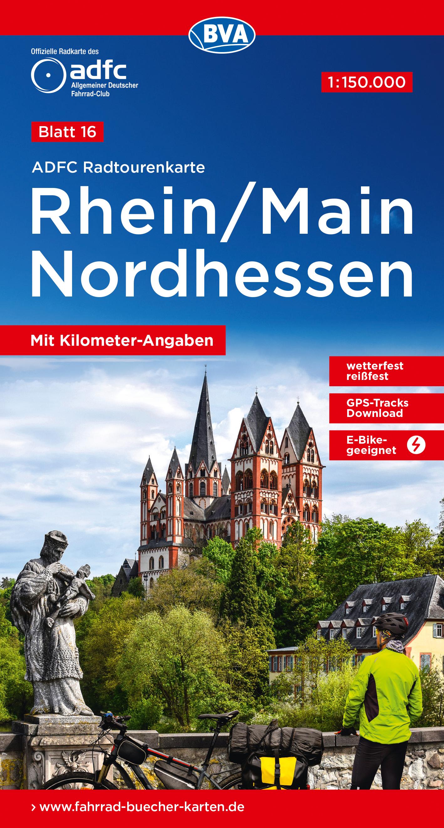 ADFC-Radtourenkarte 16 Rhein/Main Nordhessen 1:150.000, reiß- und wetterfest, E-Bike geeignet, GPS-Tracks Download, mit Kilometer-Angaben