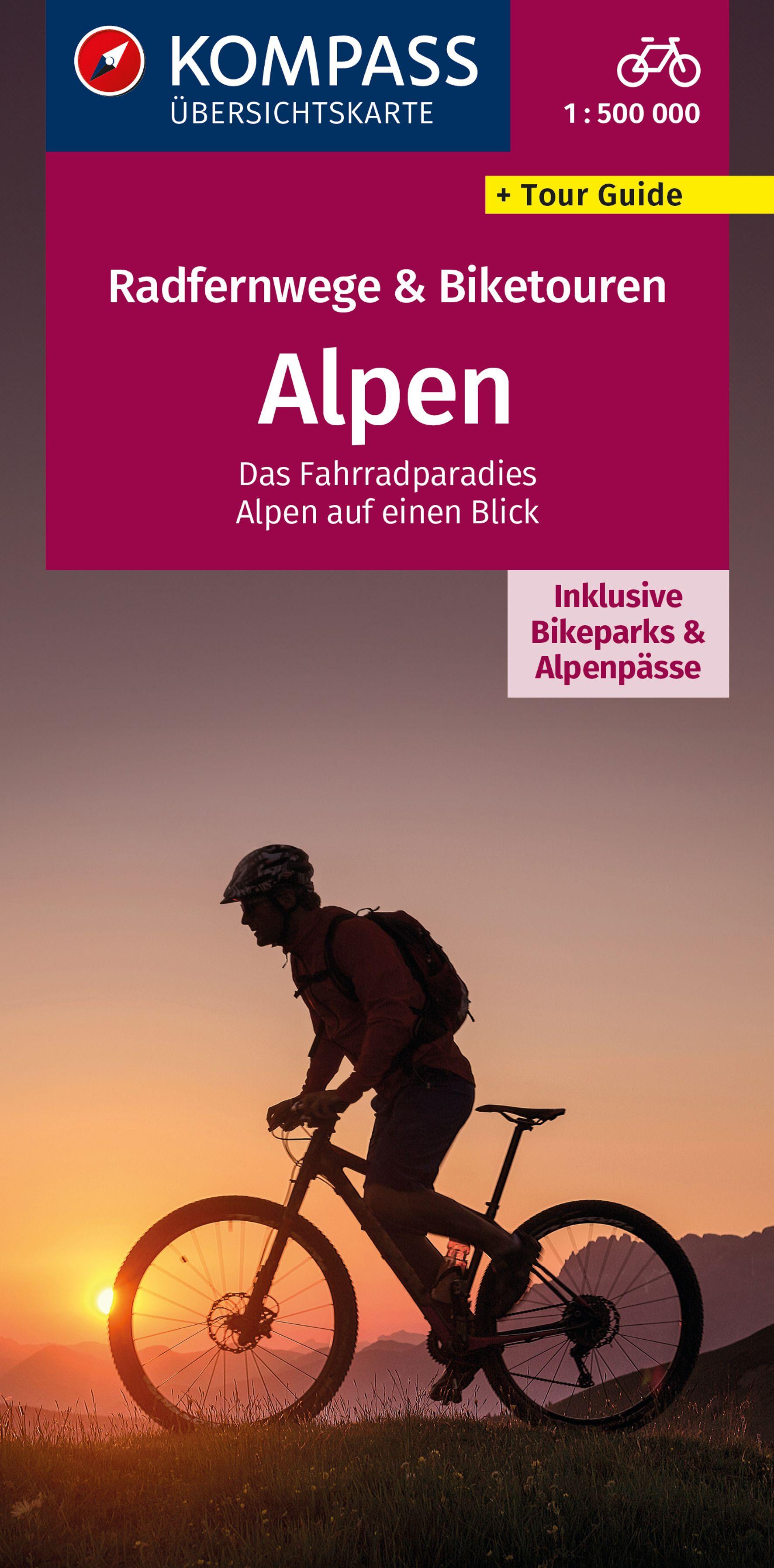 KOMPASS Radfernwegekarte Radfernwege & Biketouren Alpen - Übersichtskarte 1:500.000