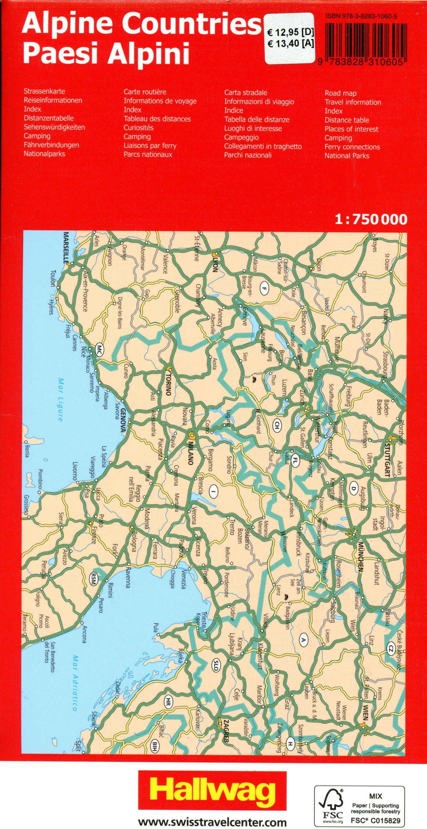 Hallwag Strassenkarte Alpenländer 1:750.000