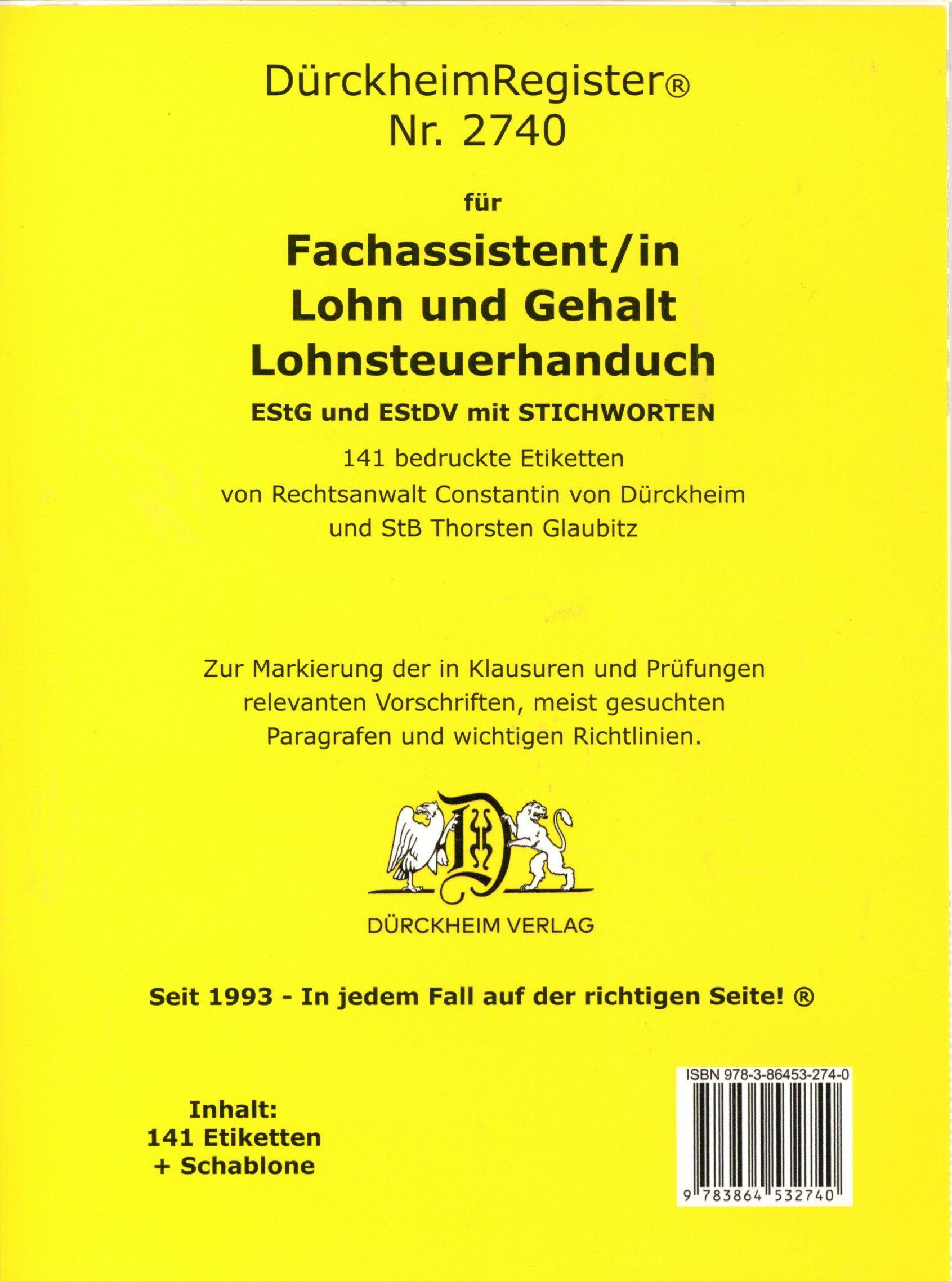 DürckheimRegister® Nr. 2740 Fachassistent/in Lohn und Gehalt (2024) Lohnsteuerhandbuch