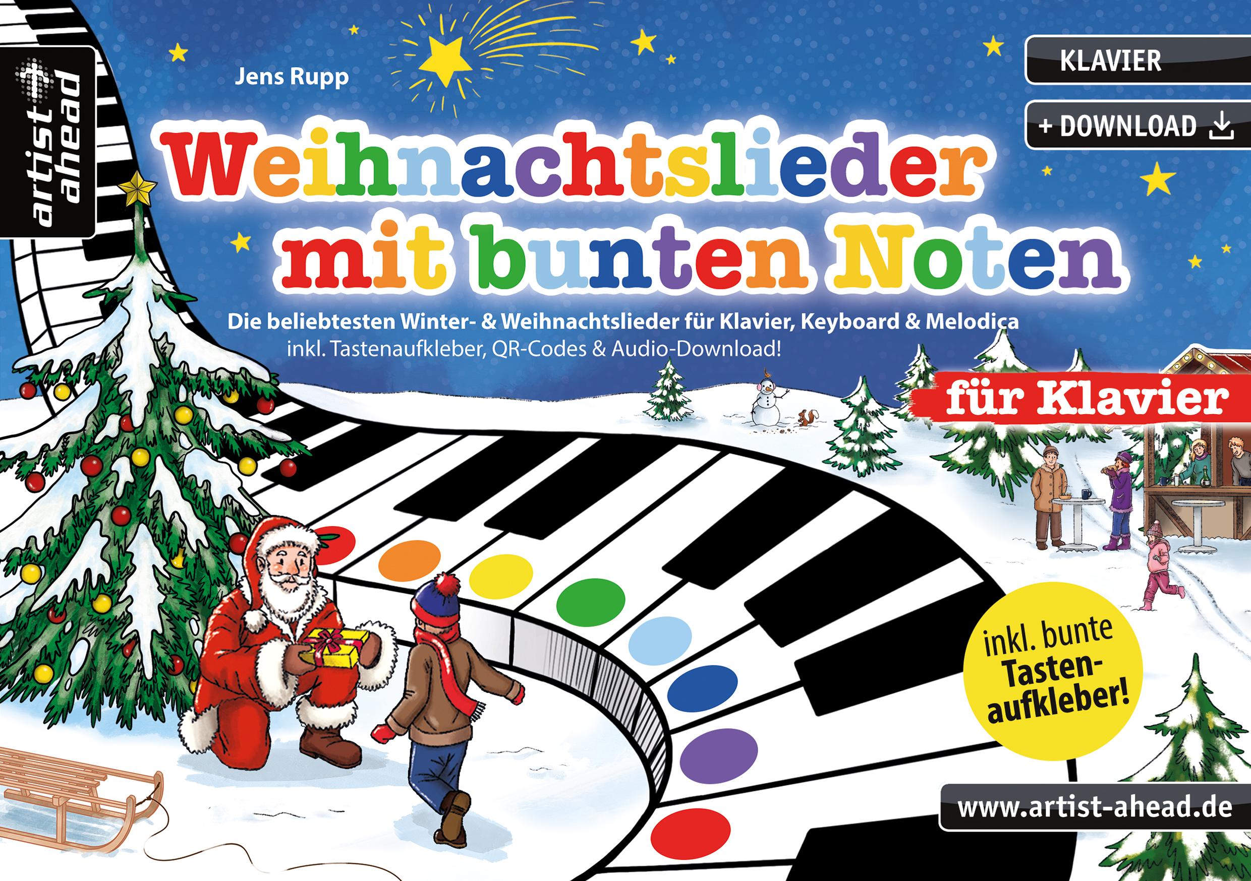 Weihnachtslieder mit bunten Noten für Klavier